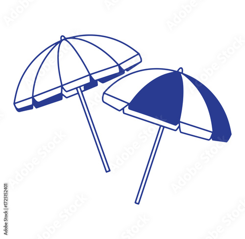 Two blue and white beach umbrellas isolated on white background summer vacation travel design element