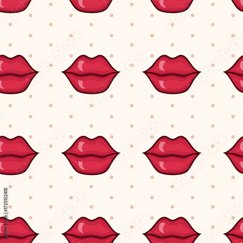 Vector seamless pattern with red lips on beige background with polka dot