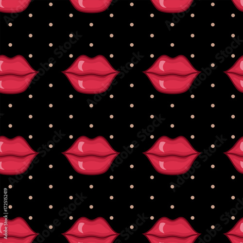Vector seamless pattern with red lips on black background with polka dot