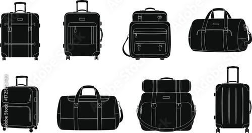Luggage and travel bags collection, rolling suitcases, duffel bags, briefcase, backpack, hard‑shell suitcase, modern travel gear, silhouette illustration set