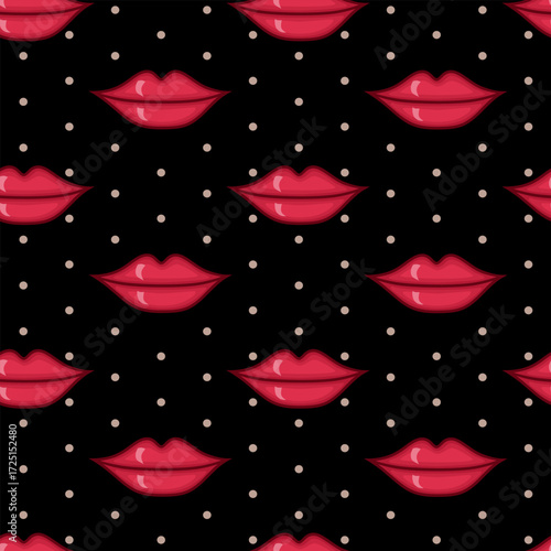 Vector seamless pattern with red lips on black background with polka dot