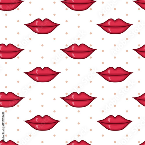 Vector seamless pattern with red lips on white background with polka dot