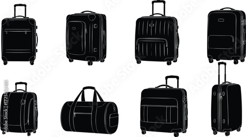 Luggage and travel bags collection, rolling suitcases, duffel bag, compact suitcase, modern travel gear, silhouette illustration, tourism and vacation essentials