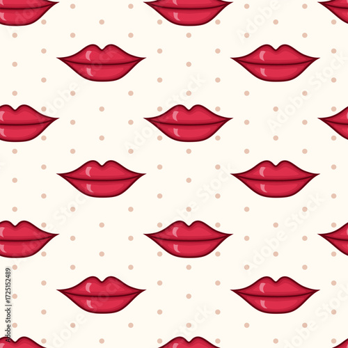 Vector seamless pattern with red lips on beige background with polka dot