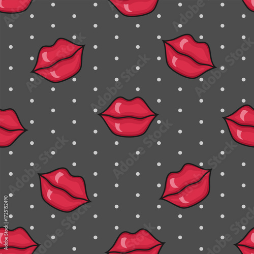 Vector seamless pattern with red lips rotated in different directions on gray background with polka dot