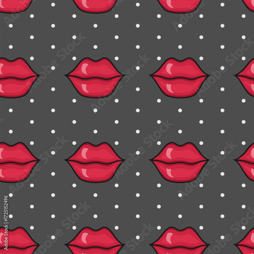 Vector seamless pattern with red lips on gray background with polka dot