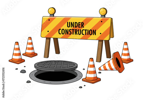 Under construction concept with open sewer manhole and traffic safety cones. Road work zone isometric vector. Street repair and maintenance. Hazard warning barrier sign illustration