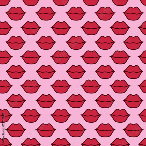 Vector seamless pattern with red lips on pink background
