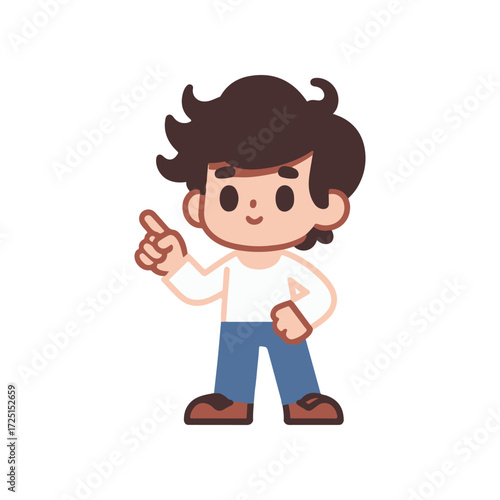 Cartoon character pointing with a thoughtful expression, set against a minimalistic background