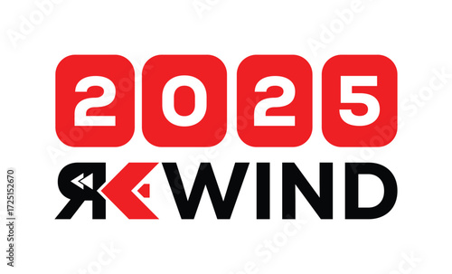 Minimalist 2025 logo design with bold black numerals above a red bar. White text "REPLAY" with rewind and play symbols inside. Clean, modern, flat graphic style on white background.	