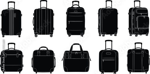 Luggage bag collection, rolling suitcases, soft travel bags, backpacks, modern carry‑on, checked baggage, silhouette illustration, tourism, vacation, travel gear