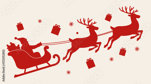 Festive red silhouette of santa claus driving his sleigh pulled by reindeer with gifts flying through the air