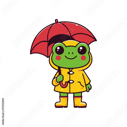 Cartoon frog in a yellow raincoat holding a red umbrella, cheerful in a simple background