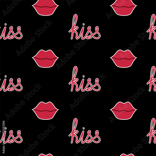 Vector seamless pattern with red lips and word kiss on black background
