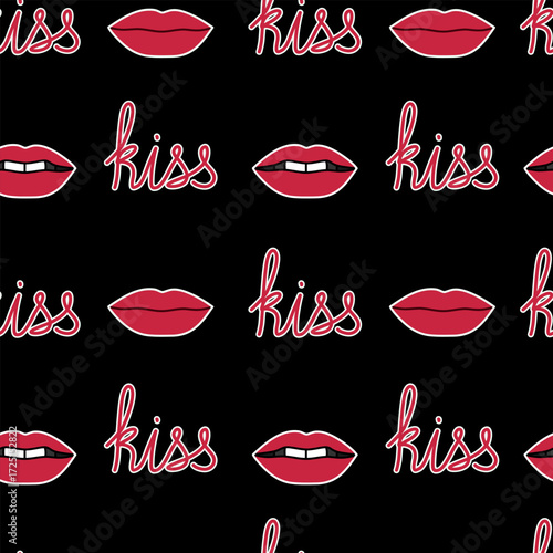 Vector seamless pattern with red lips and word kiss on black background