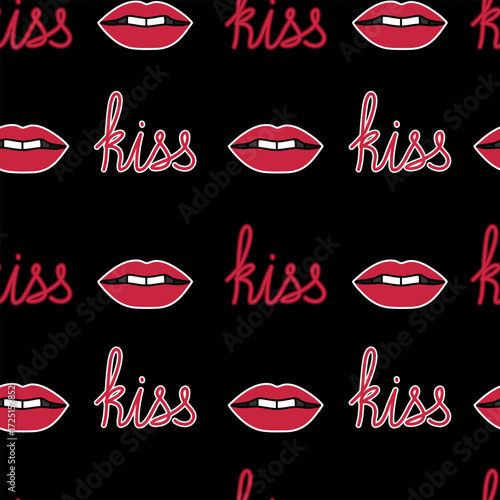 Vector seamless pattern with red lips and word kiss on black background