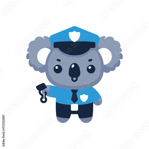 Cartoon koala dressed as a police officer holding a handcuff in a simple background