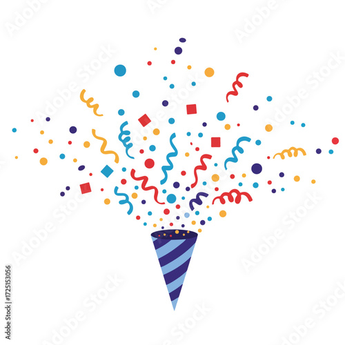 Colorful confetti erupts from a blue striped party popper