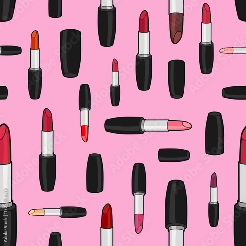 Vector seamless pattern with varicolored lipsticks and caps of different size rotated in different directions on pink background
