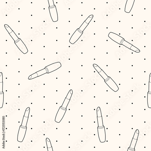 Vector seamless pattern with black contour of lipsticks on beige background with polka dot