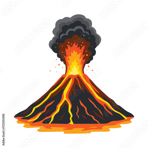 An active volcano is erupting with lava and smoke, isolated on a white background.