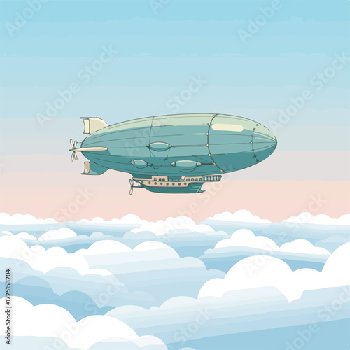 Teal zeppelin flies over cloudscape against pastel sky in illustrative style