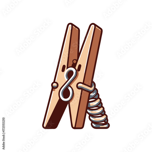 Cartoon-style wooden clothespin character with a smiling face, set against a plain background