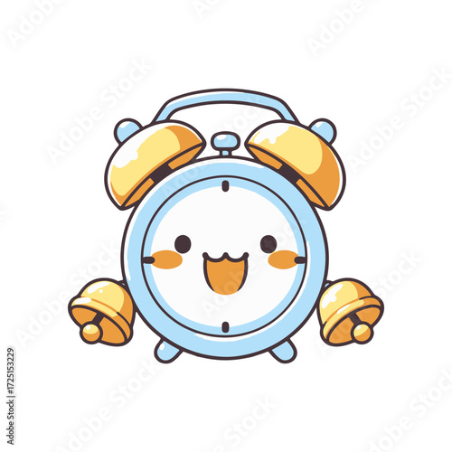 Cheerful cartoon alarm clock character with smiling face and bells, set against a playful background