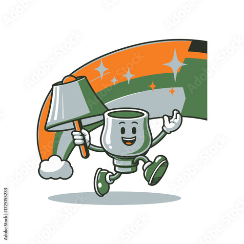 Cheerful animated character holding a lamp while running under a colorful arch, symbolizing celebration