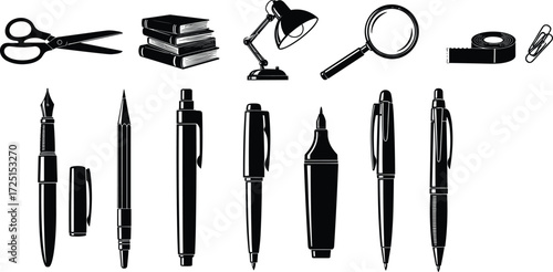 Office and writing tools collection, pens, pencils, scissors, books, desk lamp, magnifying glass, measuring tape, paperclip, silhouette illustration set
