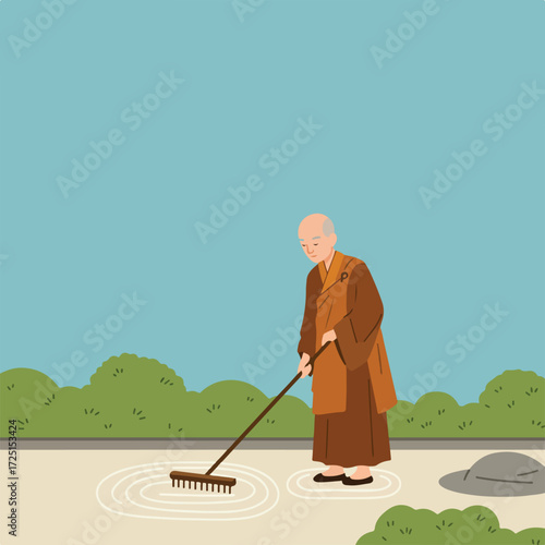 Bald monk rakes circles in sand garden against teal sky and green shrubs