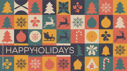 Festive geometric pattern featuring a silhouette of a sleigh with reindeer and christmas tree icons and the text happy holidays silhouette