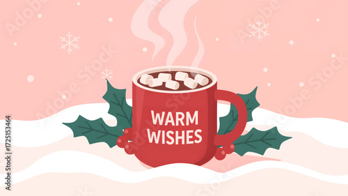Cozy red mug filled with hot chocolate and marshmallows steaming in a snowy winter landscape with festive holly leaves silhouette