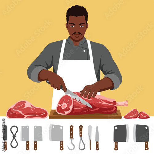 Man in apron skillfully slicing raw meat with many tools on a cutting board