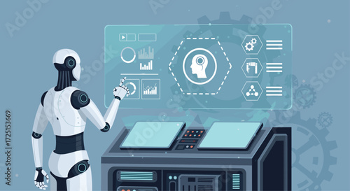 Robot interacting with futuristic holographic display analyzing data and futuristic technology vector