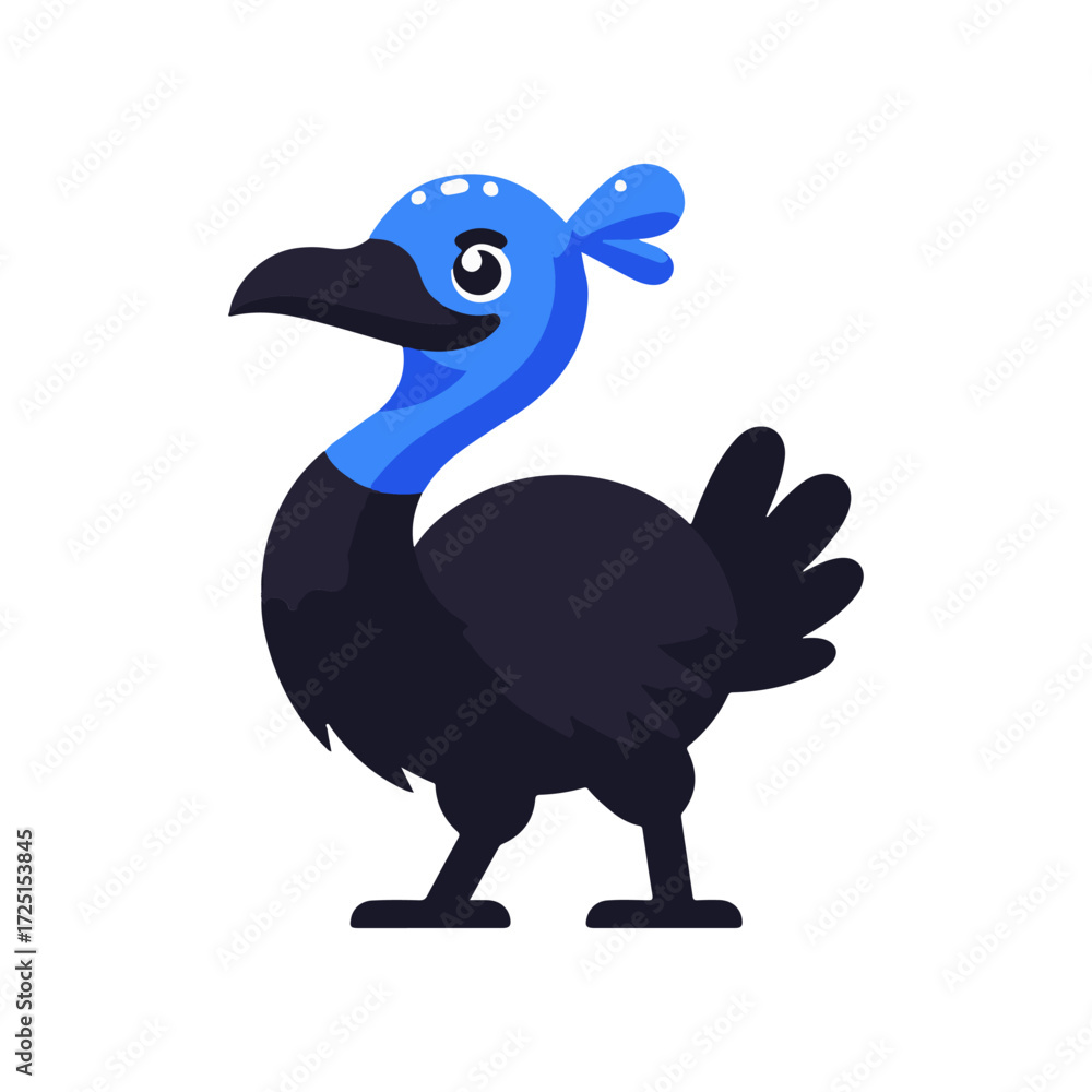 Fototapeta premium Colorful cartoon bird with a blue head and black body standing against a white background