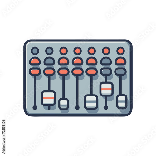 Colorful audio mixer panel with sliders and knobs, set against a minimalist background