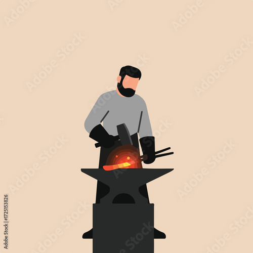 Blacksmith striking hot metal on anvil with hammer and tongs illustration