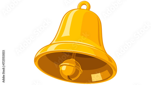 A bright golden bell with a prominent clapper hangs suspended its polished surface reflecting light creating a striking silhouette against a clean white background