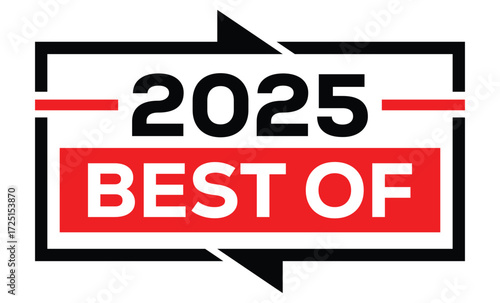 Minimalist 2025 logo design with bold black numerals above a red bar. White text "BEST OF" with rewind and play symbols inside. Clean, modern, flat graphic style on white background.