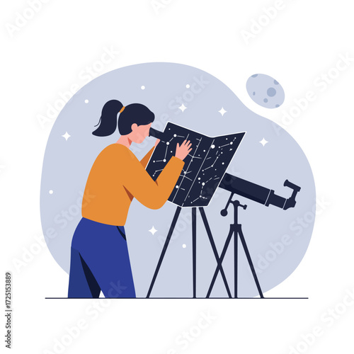 Woman using telescope with star chart, moon in background, stargazing scene