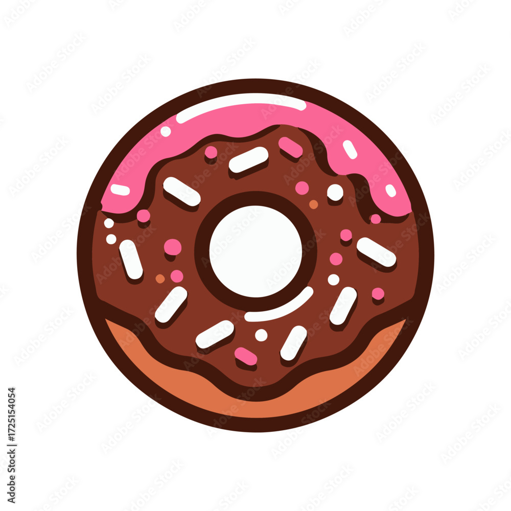 Fototapeta premium Colorful chocolate donut with pink icing and sprinkles on a white background, ideal for desserts