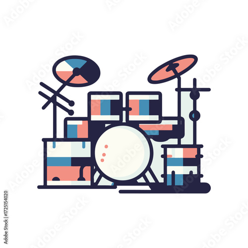Colorful cartoon-style drum set with cymbals, positioned in a vibrant music studio setting