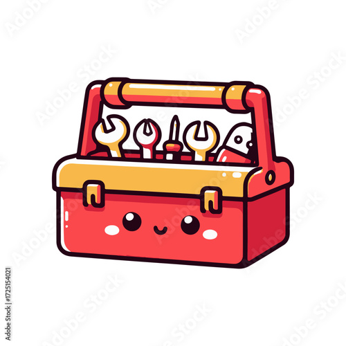 Colorful cartoon toolbox filled with various tools, set against a simple white background