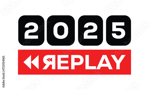 Minimalist 2025 logo design with bold black numerals above a red bar. White text "REPLAY" with rewind and play symbols inside. Clean, modern, flat graphic style on white background.