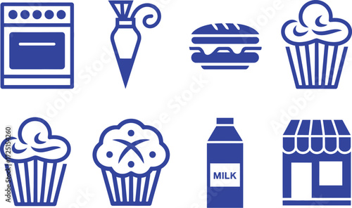 Collection of Blue Icons: Baking, Food, and Storefront Elements