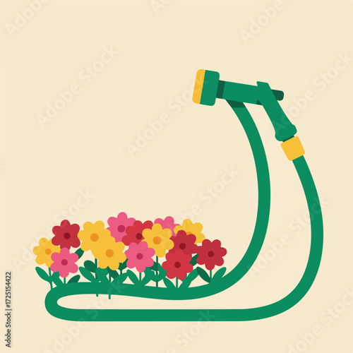 A garden hose watering a bunch of red, pink, and yellow flowers, on a cream background