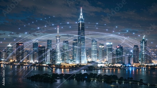 Futuristic cityscape at night with glowing data streams connecting towering skyscrapers over a shimmering river.