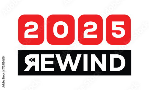 Minimalist 2025 logo design with bold black numerals above a red bar. White text "REPLAY" with rewind and play symbols inside. Clean, modern, flat graphic style on white background.	