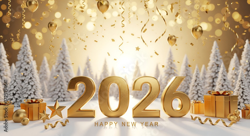 A luxurious 3D golden text for the year 2026 with gift boxes and a snowy winter background with falling confetti for a Happy New Year celebration banner.